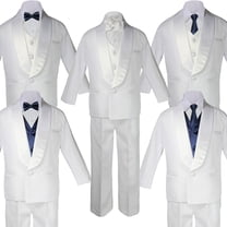 5-7pc Boy White Shawl Lapel Party Suits Tuxedo navy Satin Bow Necktie Vest