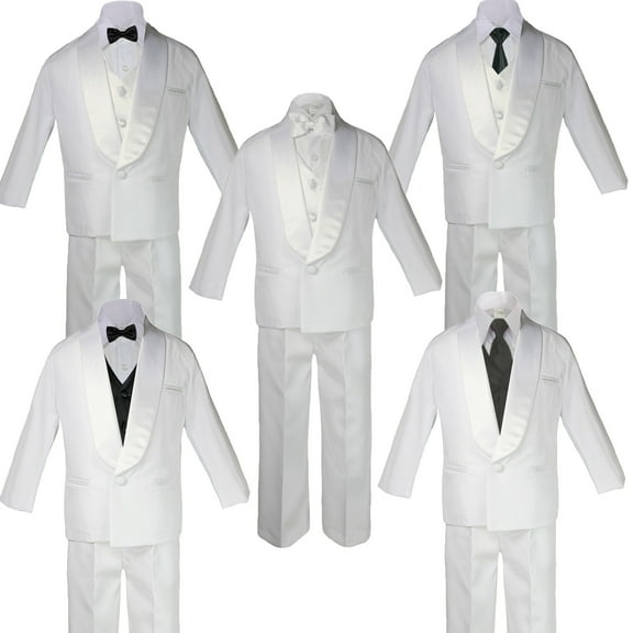 5-7pc Boys White Satin Shawl Lapel Suits Tuxedo BLACK Satin Bow Necktie Vest Set