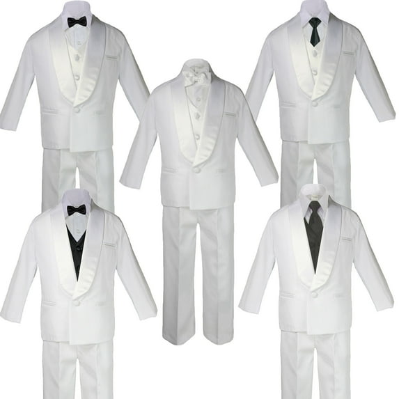 5-7pc Boys White Satin Shawl Lapel Suits Tuxedo BLACK Satin Bow Necktie Vest Set