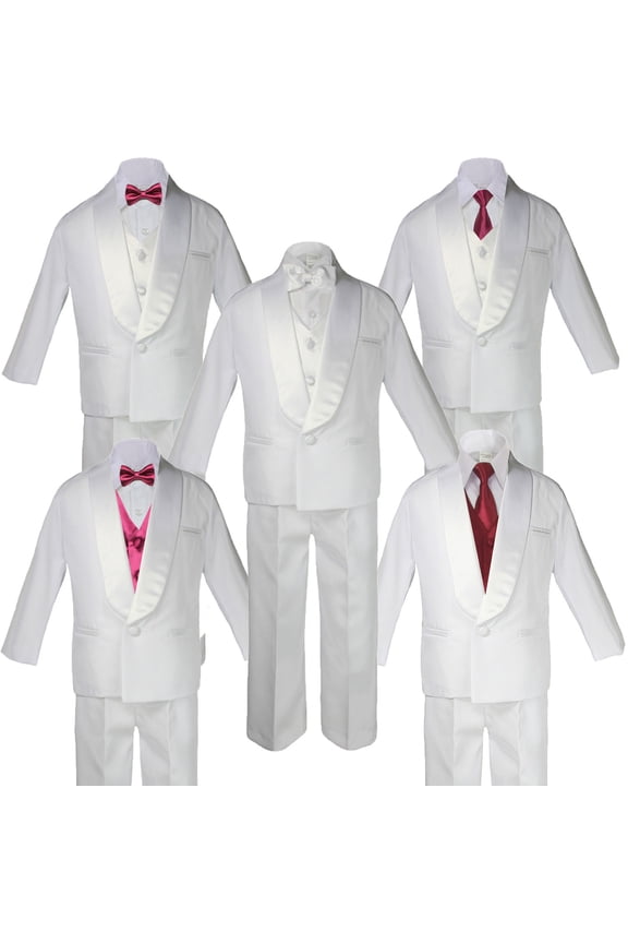 5-7pc Boys White Satin Shawl Lapel Suits Tuxedo BURGUNDY Satin Bow Necktie Vest