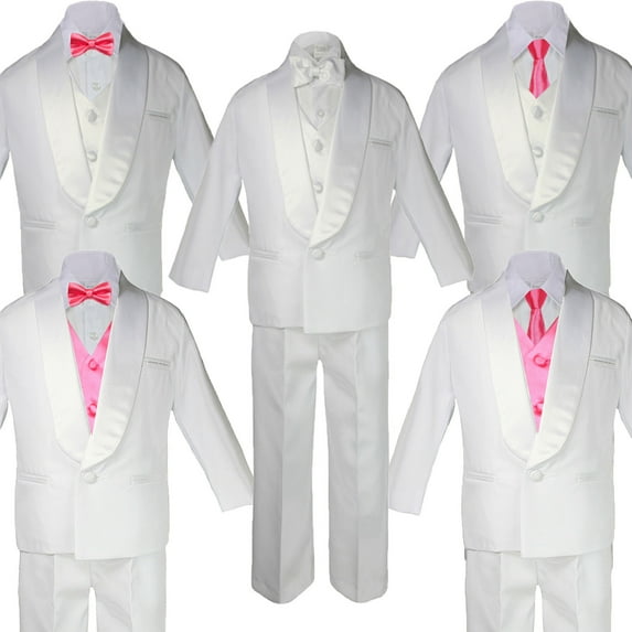 5-7pc Boys White Satin Shawl Lapel Suits Tuxedo PINK Satin Bow Necktie Vest