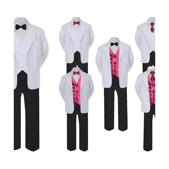 5-7pc Formal Black White Suit Set Burgundy Bow Necktie Vest Boy Baby Sm-20 Teen
