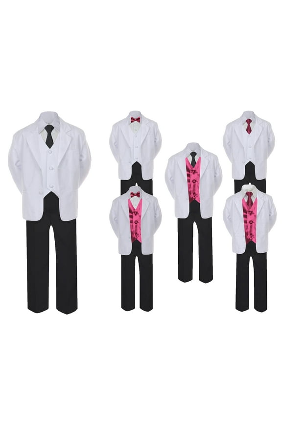 5-7pc Formal Black White Suit Set Burgundy Bow tie Neck Vest Boy Baby Sm-20 Teen