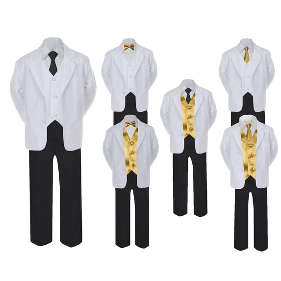 5-7pc Formal Black White Suit Set Gold Bow Long Tie Vest Boy Baby Sm-20 Teen