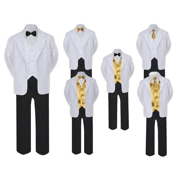 5-7pc Formal Black White Suit Set Gold Bow Necktie Vest Boy Baby Sm-20 Teen