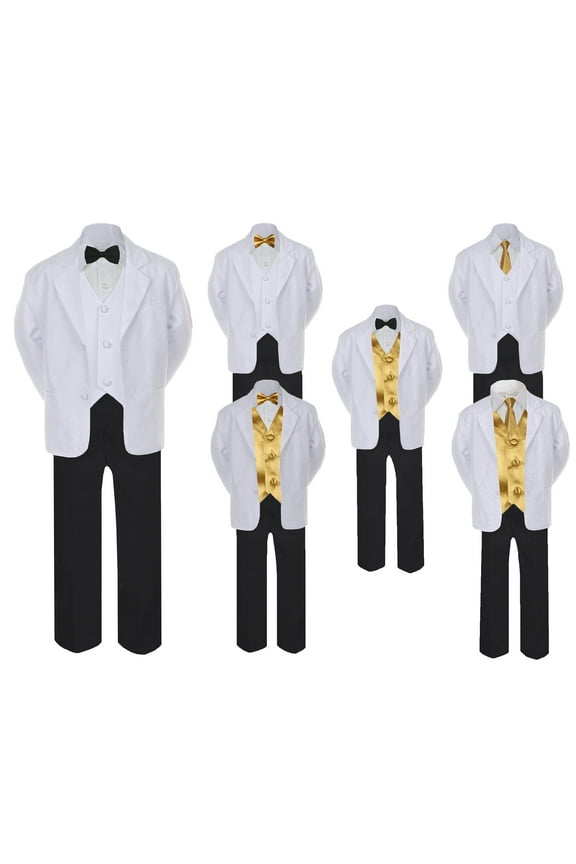 5-7pc Formal Black White Suit Set Gold Bow Necktie Vest Boy Baby Sm-20 Teen