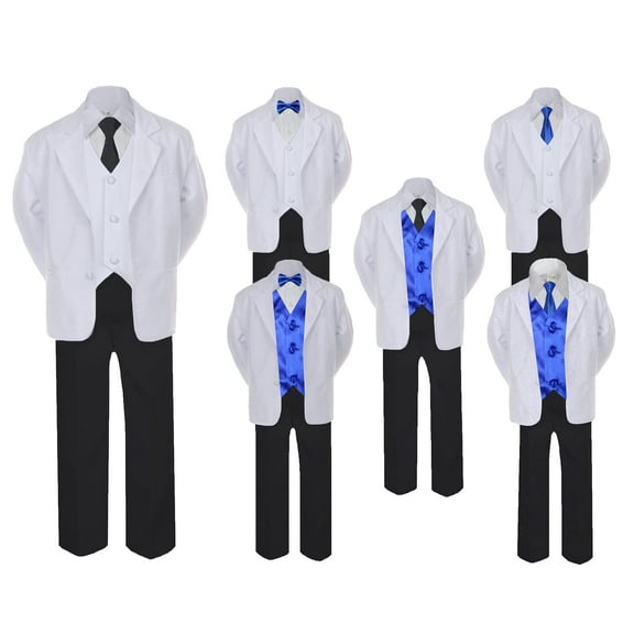 5-7pc Formal Black White Suit Set Royal Blue Bow Long Tie Vest Boy Baby Kids Sm-20 Teen
