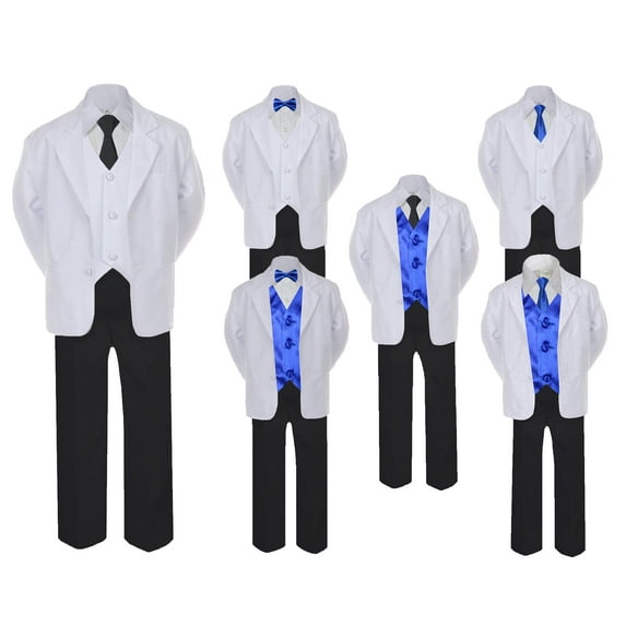 5-7pc Formal Black White Suit Set Royal Blue Bow Long Tie Vest Boy Baby Kids Sm-20 Teen