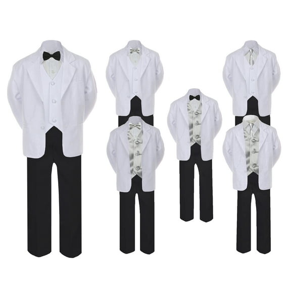 5-7pc Formal Black White Suit Set Silver Bow Necktie Vest Boy Baby Sm-20 Teen
