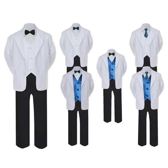 5-7pc Formal Black White Suit Set Teal Bow Necktie Vest Boy Baby Sm-20 Teen