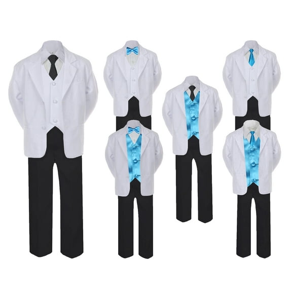 5-7pc Formal Black White Suit Set Turquoise Bow Long Tie Vest Boy Baby Kids Sm-20 Teen