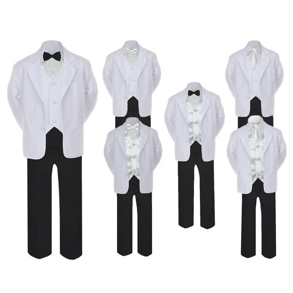 5-7pc Formal Black White Suit Set White Bow Necktie Vest Boy Baby Sm-20 Teen