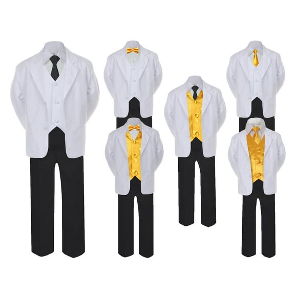 5-7pc Formal Black White Suit Set Yellow Bow Long Tie Vest Boy Baby Kids Sm-20 Teen