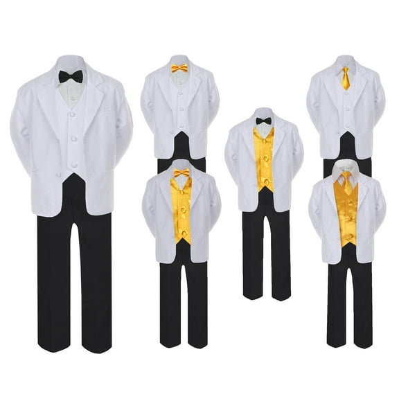 5-7pc Formal Black White Suit Set Yellow Bow Necktie Vest Boy Baby Sm-20 Teen