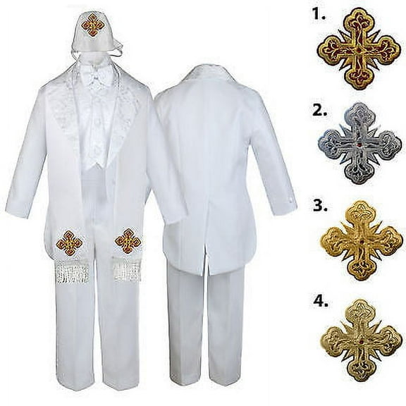 5-7pc White Baby Kid Boy Christening Paisley Tail Tuxedo Suits Cross Hat Stole