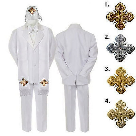 5-7pc White Baby Kid Boy Christening Satin Formal Tuxedo Suits Cross Hat Stole