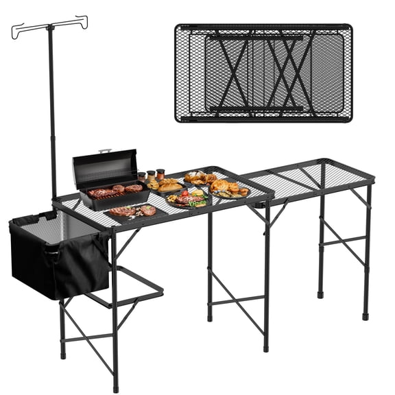 5.7x2FT Cooking Station Folding Grill Table Black Mesh Outdoor BBQ Prep Table
