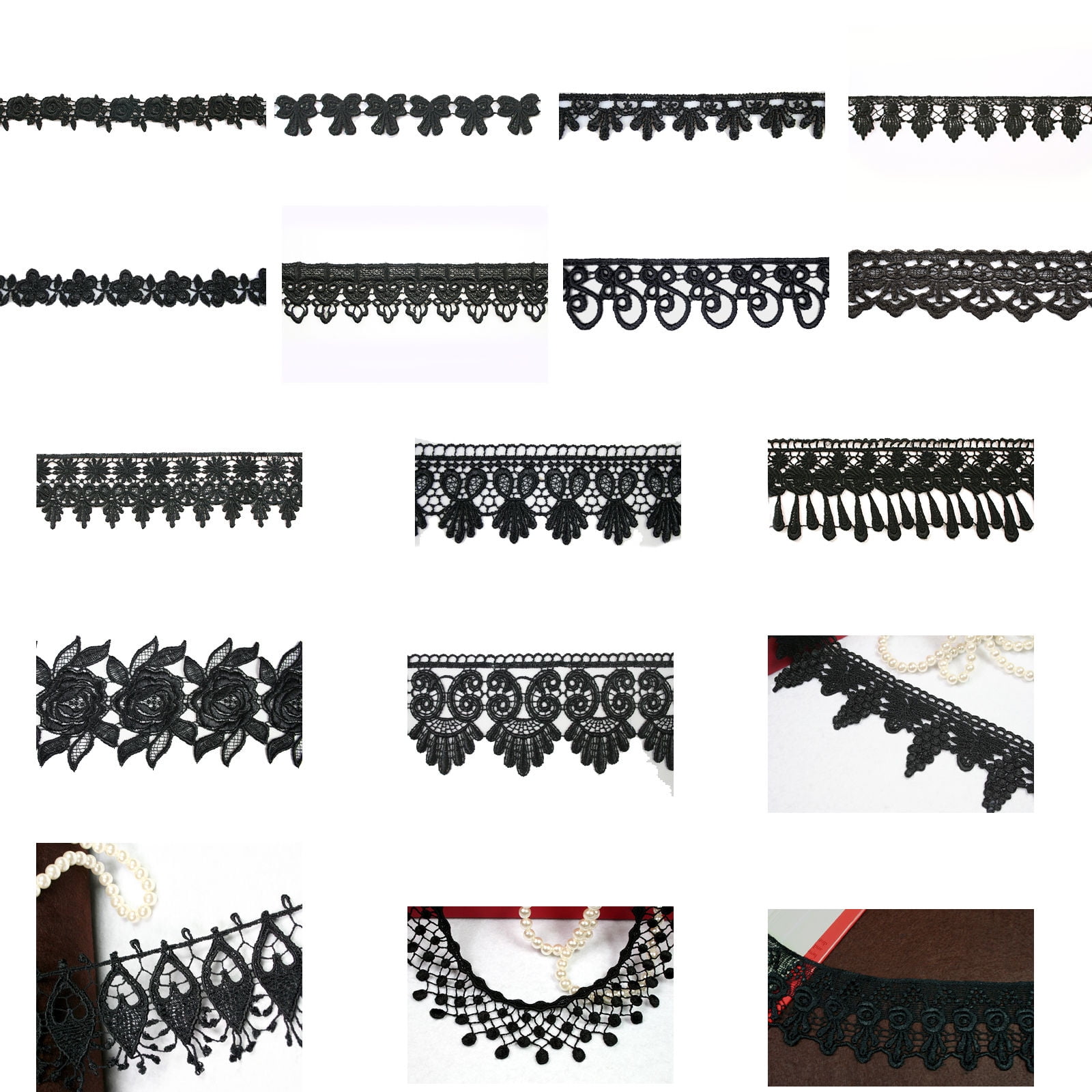 5/8" 0.75 1" 1.25" 2" 2.5" 3" Variety Black Embroidery Venice Lace Trim by Yard