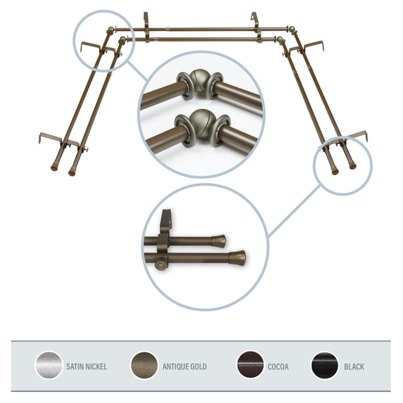 5/8" Dia Bay Window Double Curtain rod, Adjustable 20"-36", 38"-72" - Antique Brass,(DP063Bay-4D)