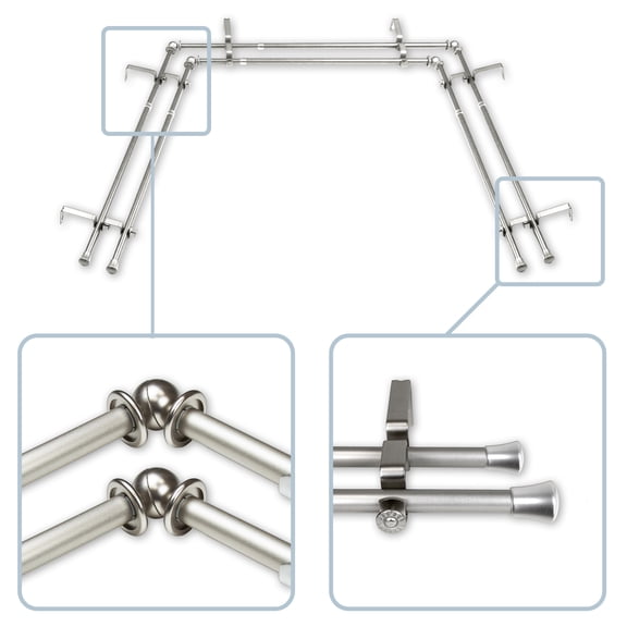 5/8" Dia Bay Window Double Curtain rod, Adjustable 20"-36", 38"-72" - Satin Nickel,(DP063Bay-5D)