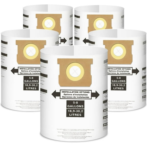 5-8 Gallon Disposable Filter Bags, 5-Pack 90661, 90671 Compatible with Shop-Vac 5-8 Gallon Disposable Filter Bags, 5-Pack, Type EType H