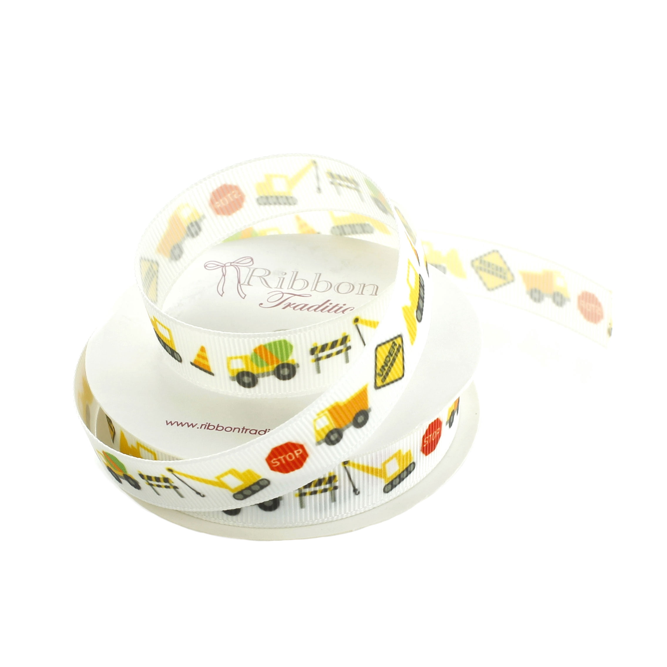 Ribbon Traditions 5/8” Grosgrain Construction Vehicles Print Ribbon, 6 Yards