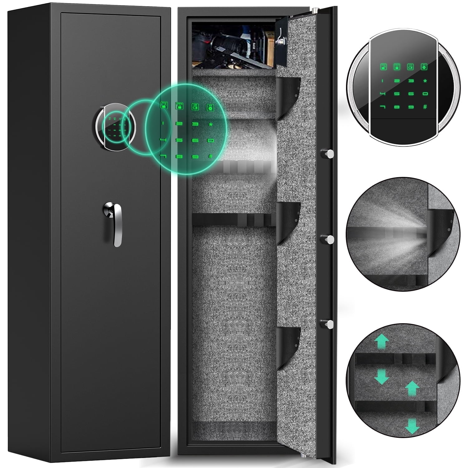 Riflevault 5–8 Gun Safe with Combination Lock, Fireproof & Anti-Theft Steel Rifle Cabinet for Shotguns, Adjustable Shelves, Silent Alarm Mode