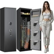 5-8 Gun Safe, Home Safes for Rifles and Pistols, Biometric Gun Safes with Adjustable Shelves and Pockets, Gun Cabinet with Alarm Function, Gun Locker, Black