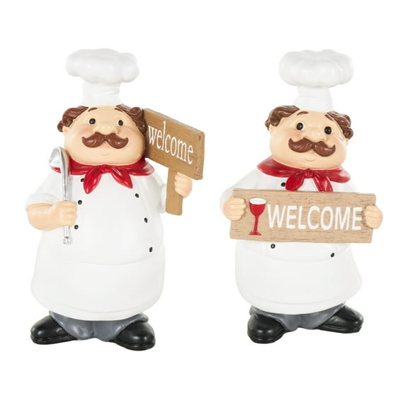 5", 8"H White Polystone Kitchen Decorative Figurine Chef Sculpture with Welcome Signs, by DecMode (2 Count)