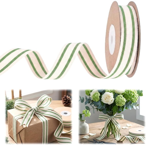 5/8 Inch 10 Yard Green Natural Cotton Ribbon for Crafting Sewing, Herringbone Twill Tape Bows Accessories Gift Wrapping Bow Making