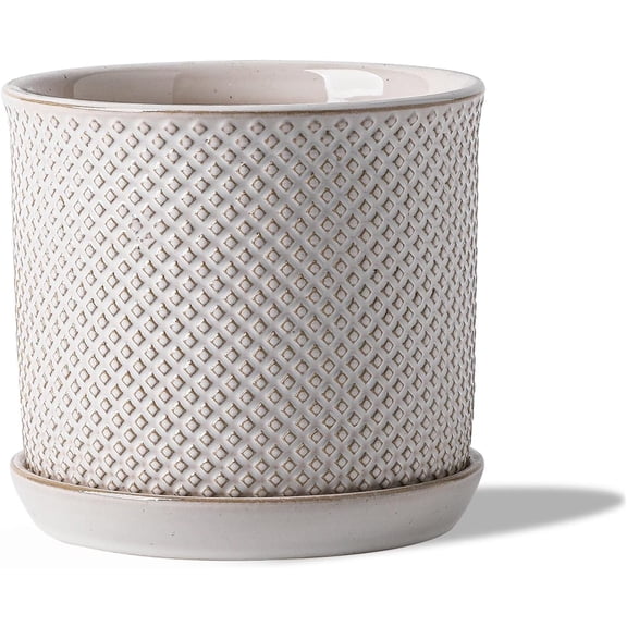 5.8 Inch Plant Pot: Ceramic Planter with Drainage Hole & Saucer for Indoor Outdoor Plants - Flowerpot with Bonded Tray for Home Office - Beaded Embossed Style, Cream White