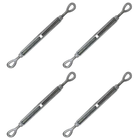 5/8 Inch x 12 Inch Eye and Eye Galvanized Turnbuckle, Working Load Limit 3,500 Pounds, 4 Pack, Uses: Tower, Suspension, Mining, Rigging, Tensioning