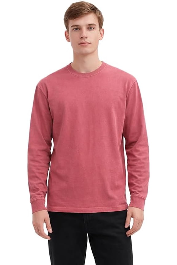Unisex Long Sleeve T-Shirt, Pigment Dyed Midweight 100% Combed Cotton Tee, Vintage Washed Soft Cotton Shirt with Ribbed Cuffs, Casual Basic Blank Tee for Men and Women-Brick