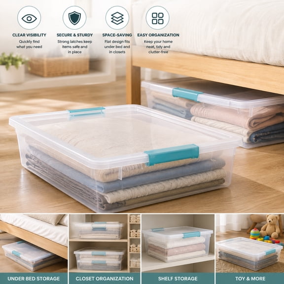 5.8 Quart Clear Storage Bin with Secure Latches, Stackable Plastic Storage Box, Durable & Space-Saving Organizer for Closet, Bedroom, Office & Home
