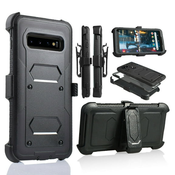 for 5.8" Samsung Galaxy S10e Hybrid Heavy Duty Belt Clip Shockproof Holster Kickstands Soft Silicone Absorber Rugged Defender Cover Hard Back Dual Layers Armor Bumper Phone Case Black