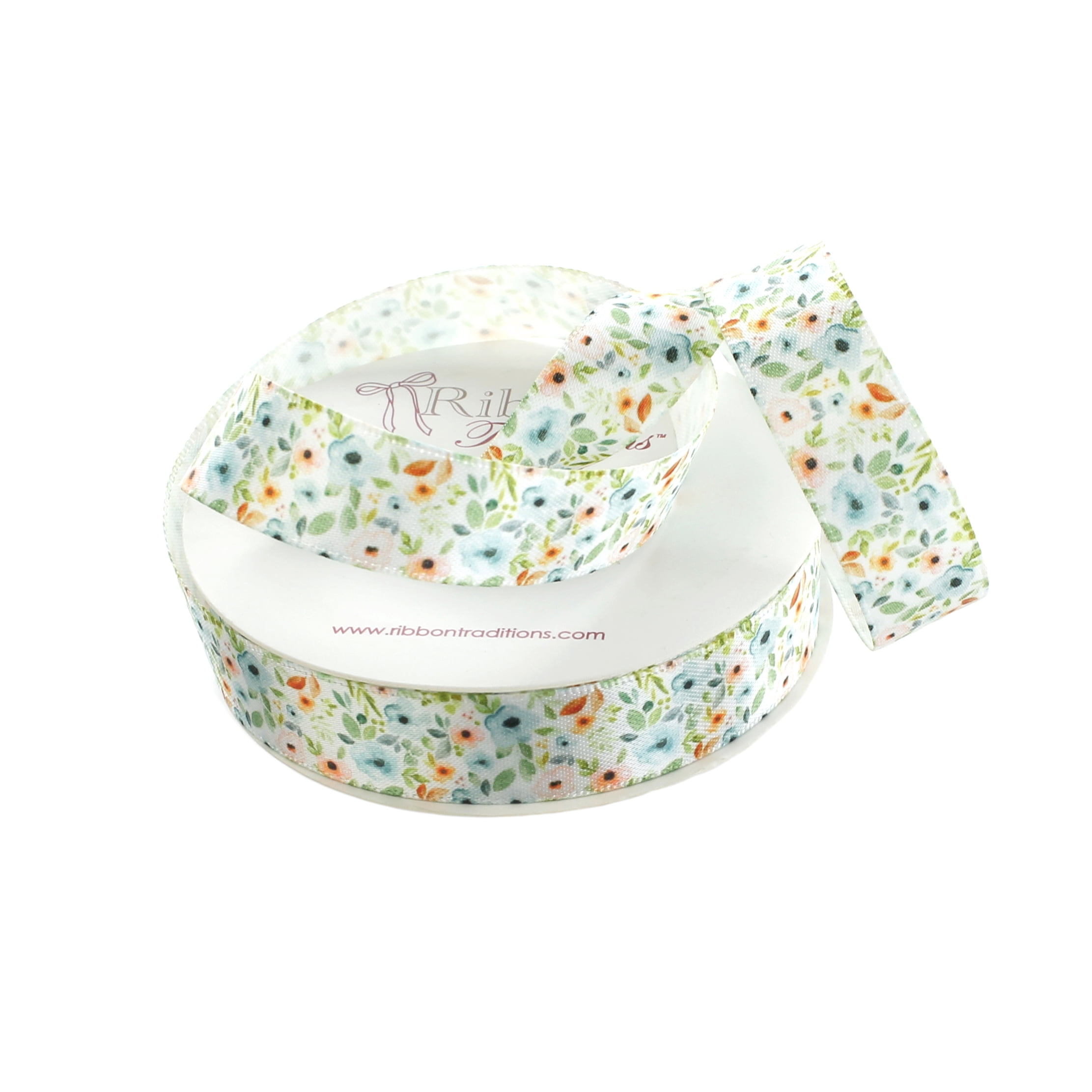 Ribbon Traditions 5/8” Satin Floral Blue-Pink Print Ribbon, 6 Yards