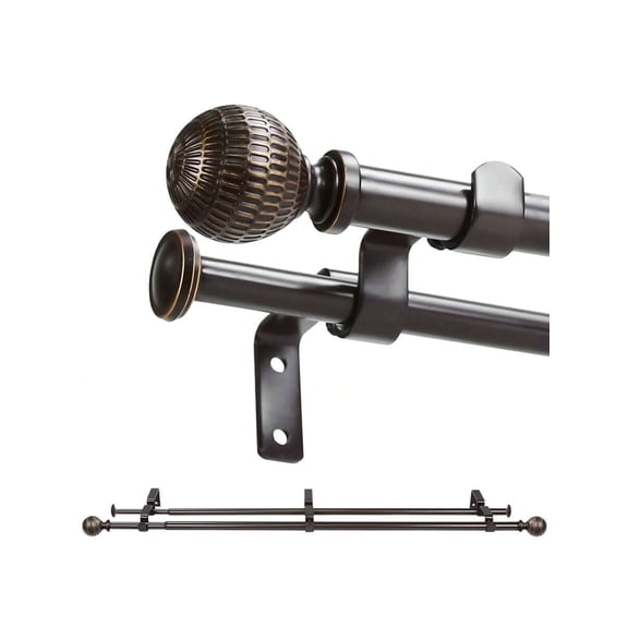 5/8" Telescoping Double Curtain Rods With Reticulated Ball Finials, 5/8 Inches Front And 1/2 Inches Back Double Window Drapery Rod, Bronze Gold, Gold, Weathered White, Pewter,