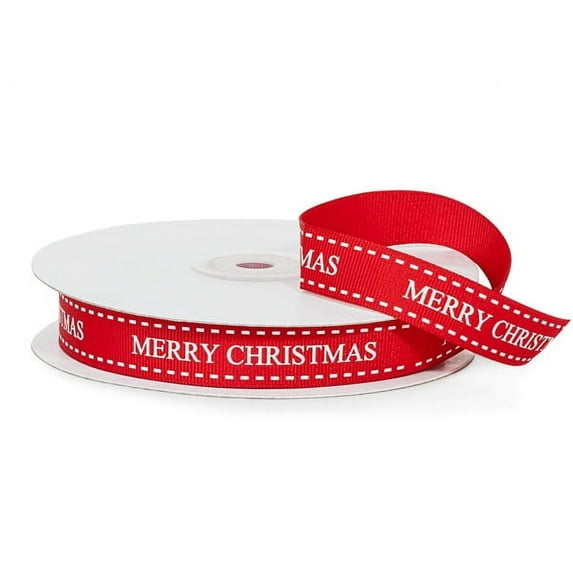 5/8" Wide Red Merry Christmas Ribbon with White Stitching - 25 Yards (20151R)