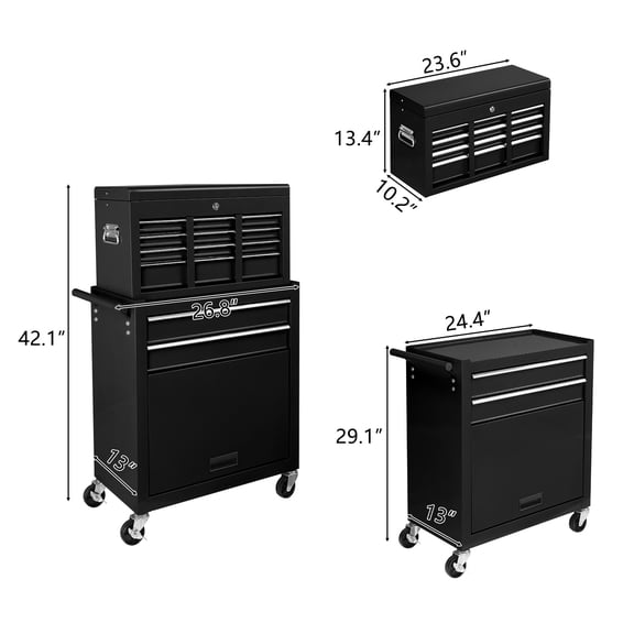 5/8-drawer rolling toolbox, tool storage cabinet with lockable wheels, detachable top, drawers and side hooks, mechanical tool storage box for garage, warehouse and maintenance workshop