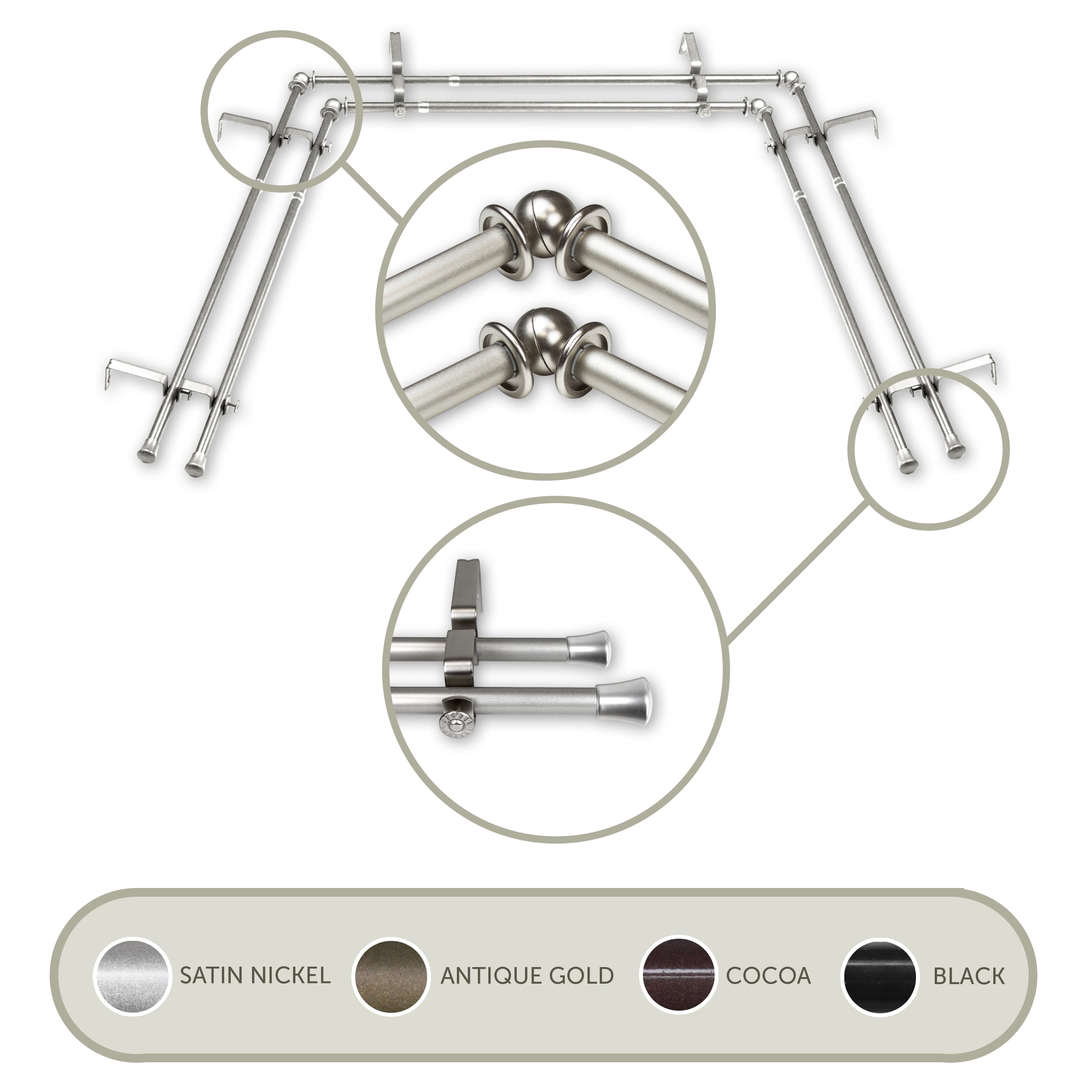 5/8 inch Double Bay Curtain Rod 20"-36", 38"-72" - Satin Nickel