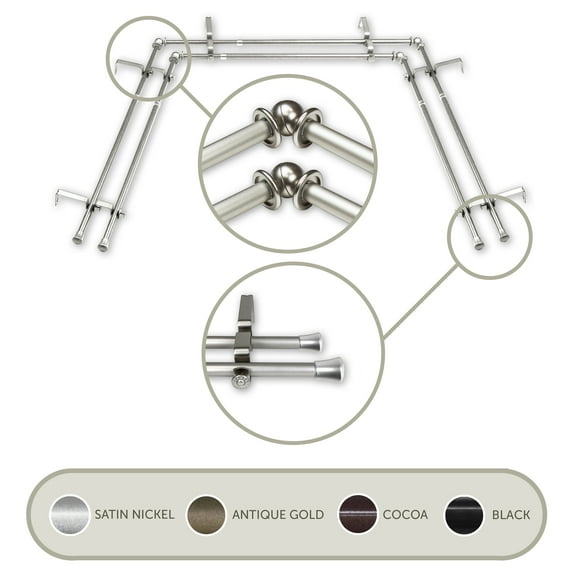 5/8 inch Double Bay Curtain Rod 20"-36", 38"-72" - Satin Nickel