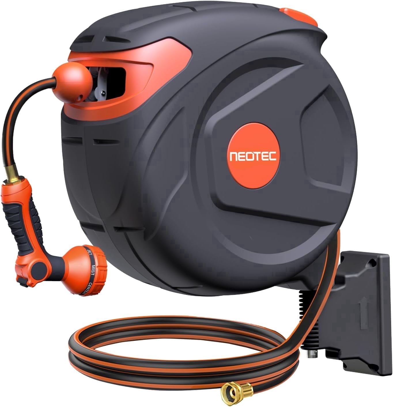 5/8 inch x 65 ft Retractable Garden Hose Reel, Heavy Duty Wall Mounted Hose Reel with Automatic Slow Return, Any Length Lock, 9 Pattern Nozzle, 180° Swivel Bracket, UV Resistant