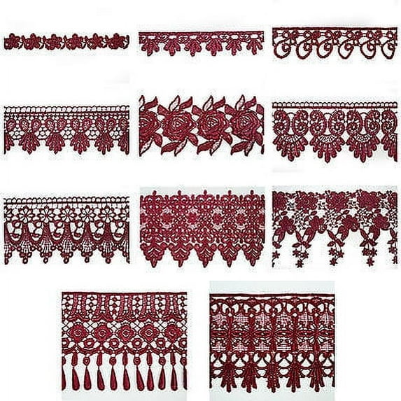 5/8" to 5-1/8" Wide Maroon Floral Embroidery Venice Lace Guipure Trim by Yard