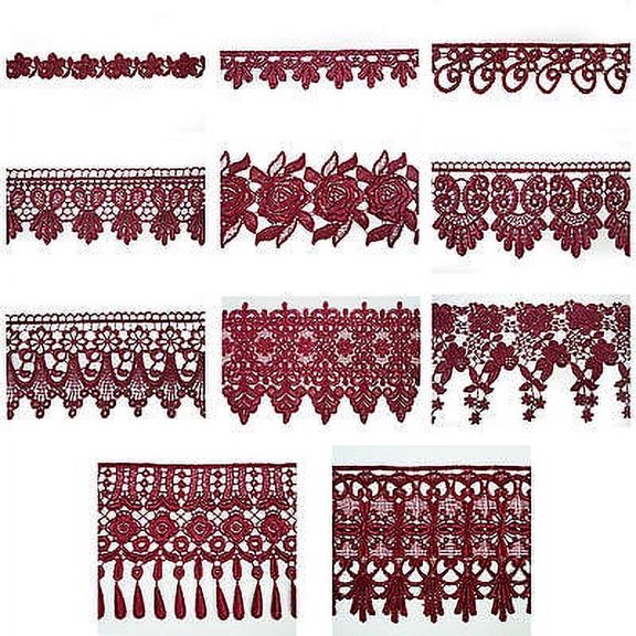5/8" to 5-1/8" Wide Maroon Floral Embroidery Venice Lace Guipure Trim by Yard