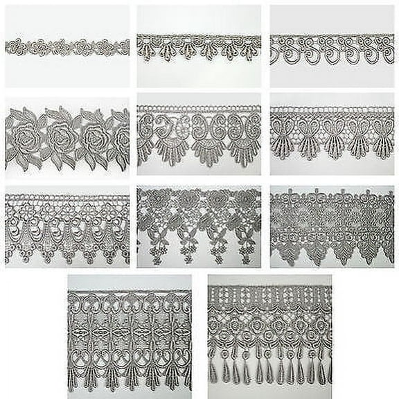 5/8" to 5 1/8" Wide Silver Floral Embroidery Venice Lace Guipure Trim by Yard