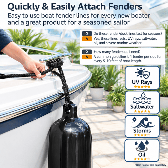 5/8" x 10' (Pack of 2) Black Double Braided Nylon Boat Fender Dock Lines