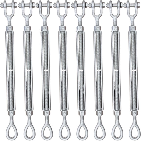 5/8" x 12" Drop Forged/Hot Dipped Galvanized Steel Eye/Jaw Turnbuckles for Wire Rope Cable - 8-Pack