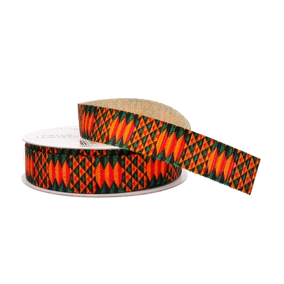 Celebrate It 5/8" x 7yd. Faux Linen Geometric Ribbon - Green & Orange, Non-Wired with Woven Selvage, Polyester - Ideal for Gift Wrapping, Baskets & DIY Decor, 12 Pack