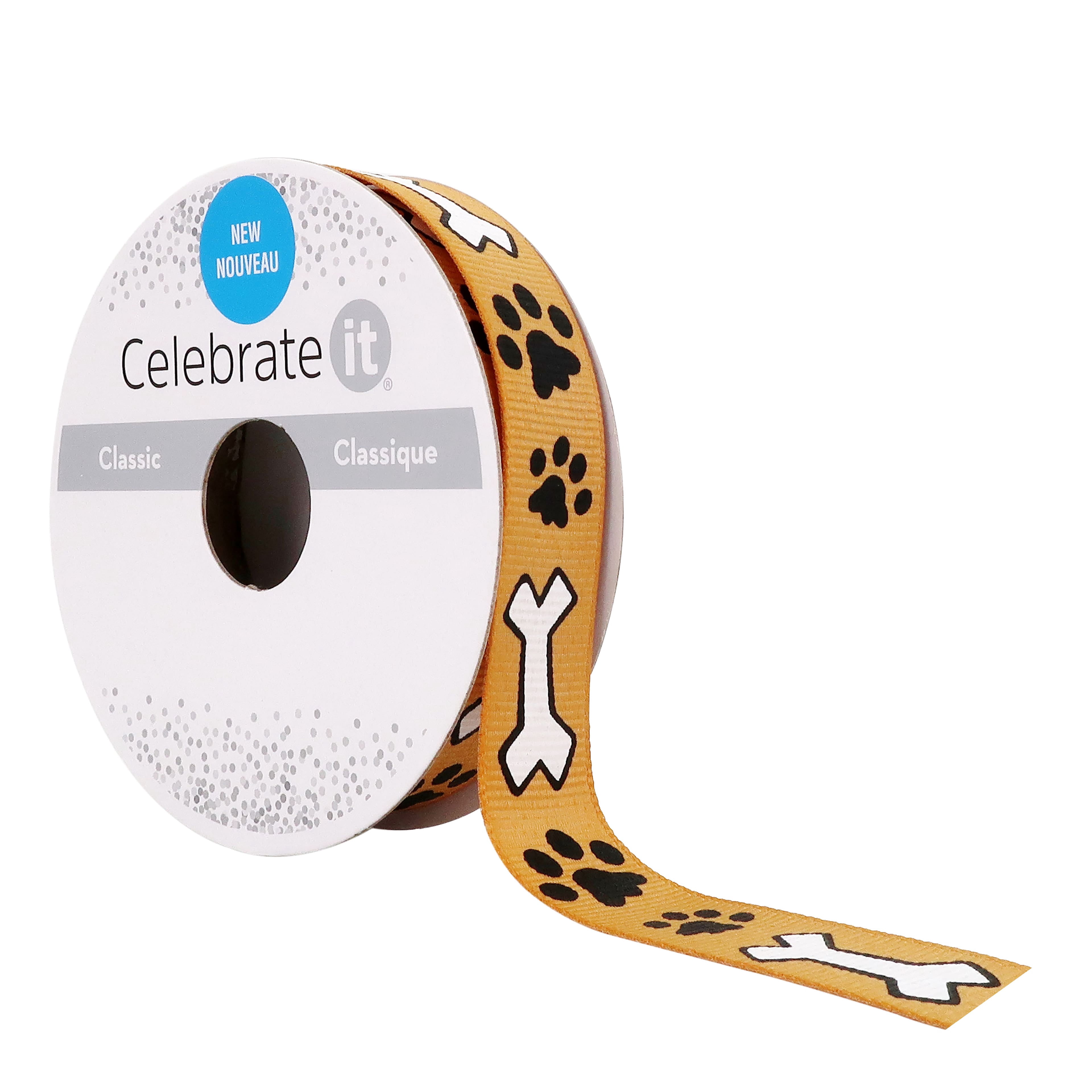 Celebrate It 5/8" x 7yd. Grosgrain Paw Print & Dog Bone Ribbon - Yellow, White & Black, Wired with Woven Selvage, Polyester - Ideal for Pet-Themed Crafts, Gifts & Decor, 12 Pack