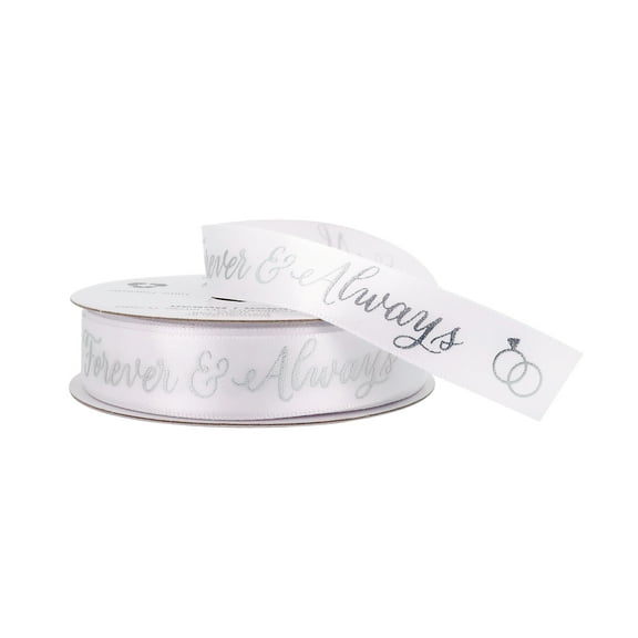 5/8" x 7yd. White Satin Foil Forever Ribbon by Celebrate It Silver Foil Text - Non-Wired with Woven Selvage - Polyester - Ideal for Weddings - Anniversaries & Gift Wrapping - 12 Pack